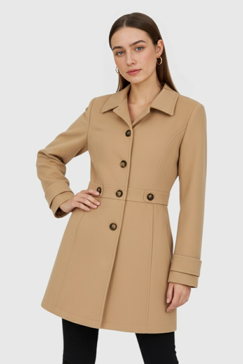 Mid-Length Coat | Defined Waist, Button Front