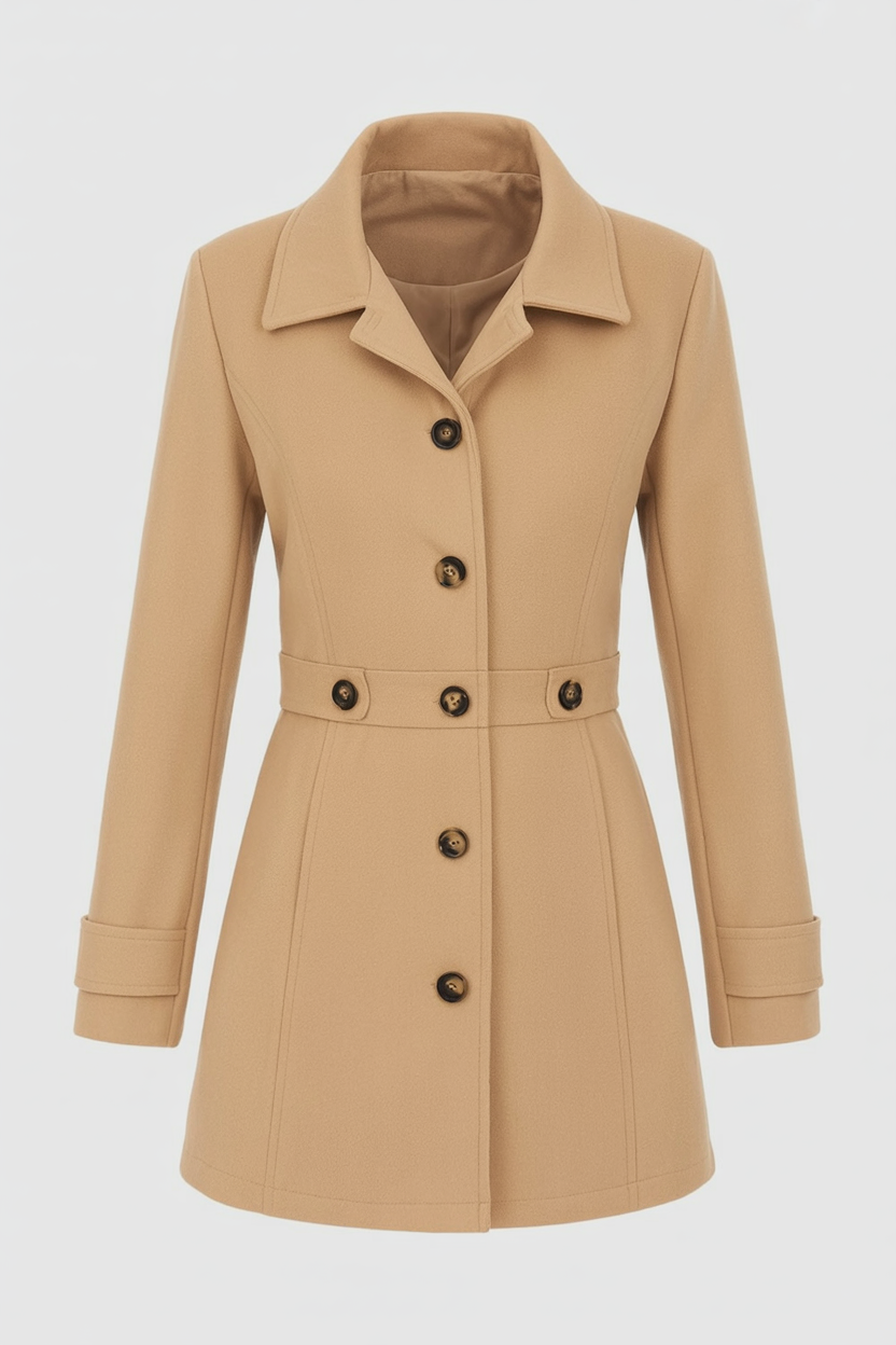 Mid-Length Coat | Defined Waist, Button Front