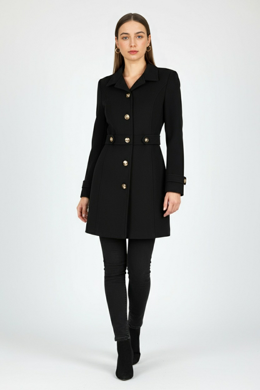 Mid-Length Coat with Gold-Tone Buttons