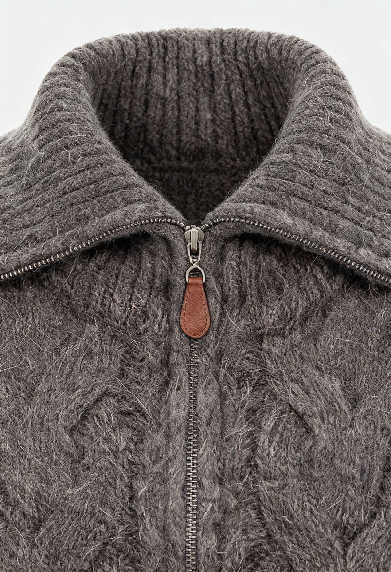 Wool Zip Cardigan, Cable-Knit, Turn-Down Collar