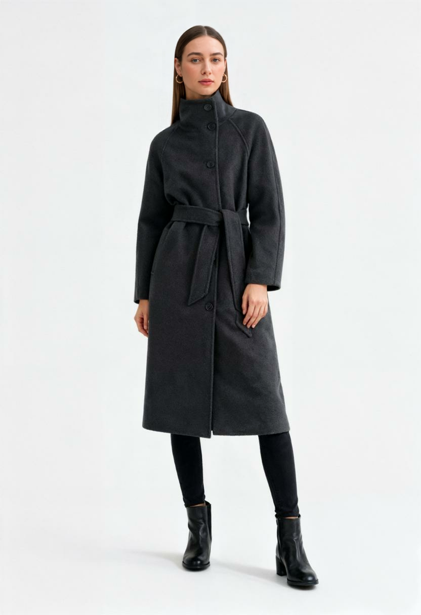 Long Coat with Belt & Raglan Sleeves