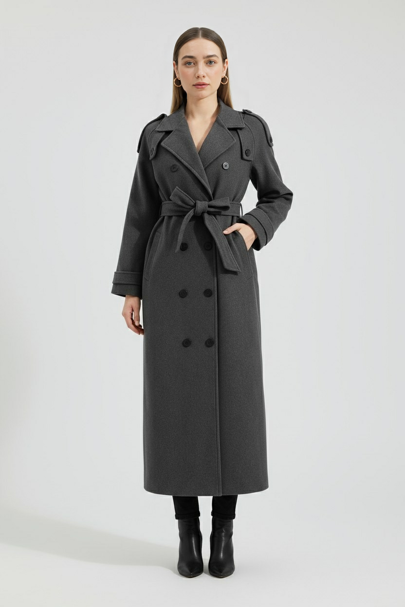 Double-Breasted Coat with Belted Waist