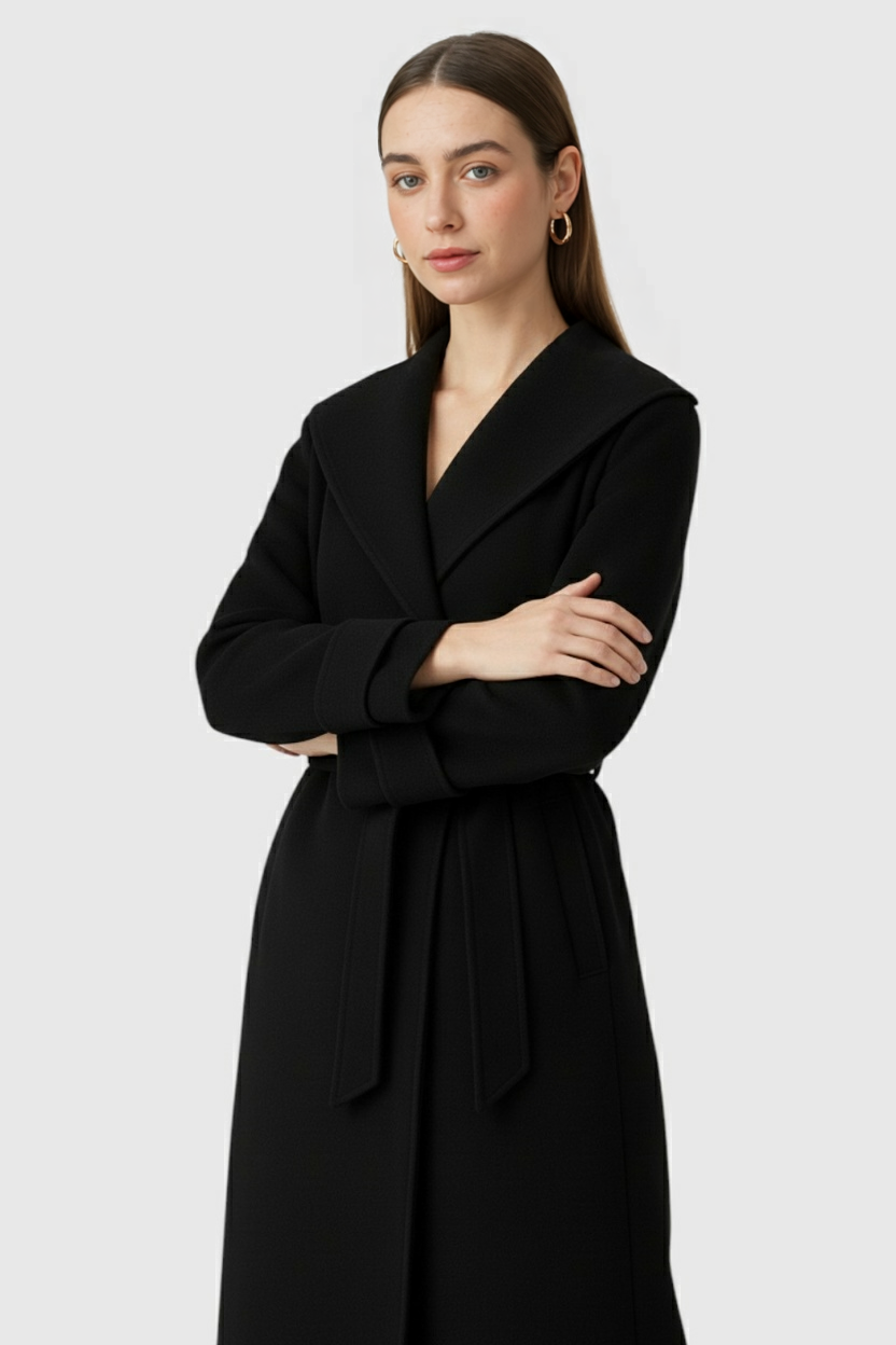 Longline Coat with Belt & Wide Lapel