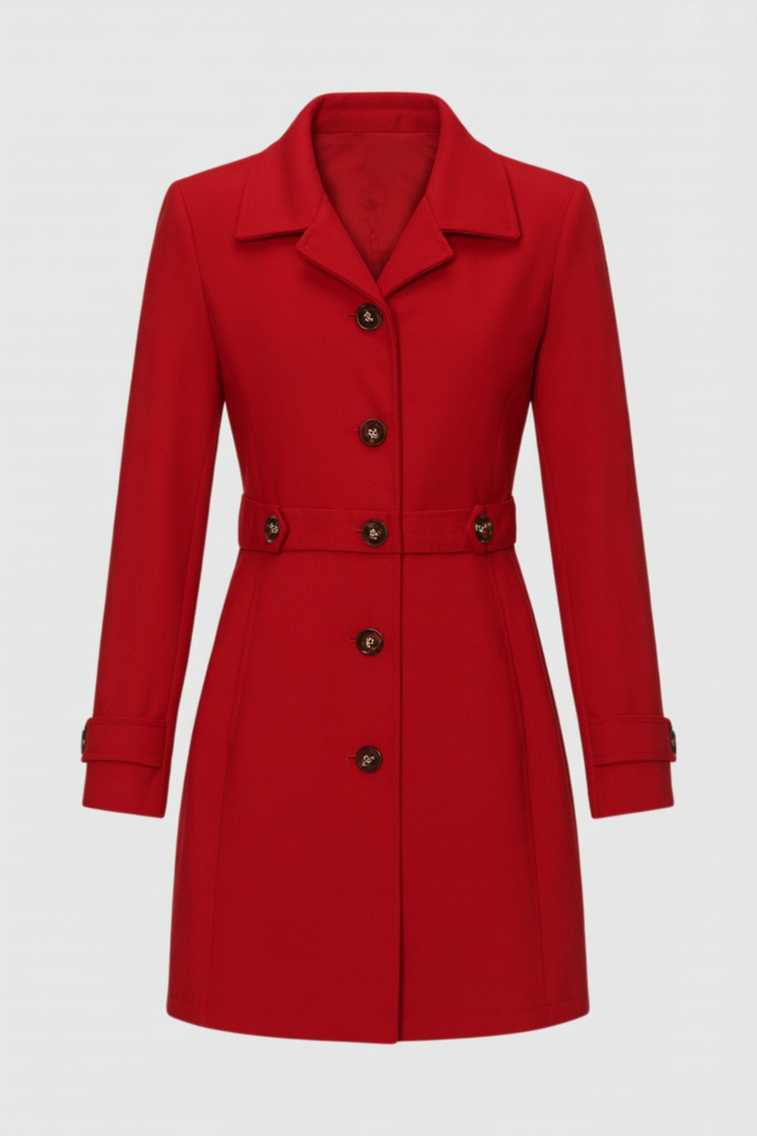 Mid-Length Coat | Defined Waist, Button Detail