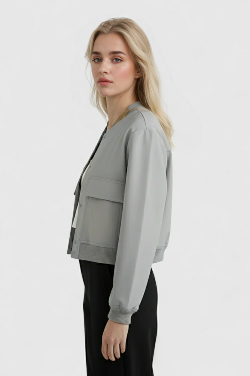 Bomber Jacket with Ribbed O-Neck