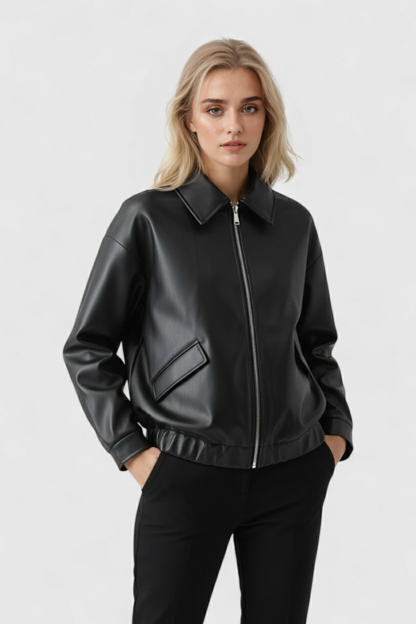 Faux Leather Jacket | Zip Front, Elastic Hem
