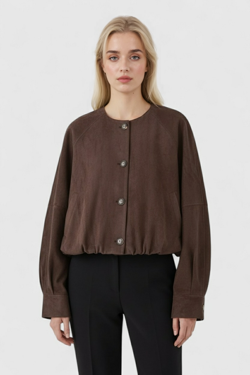 PU Jacket with Round Neck & Button Front
