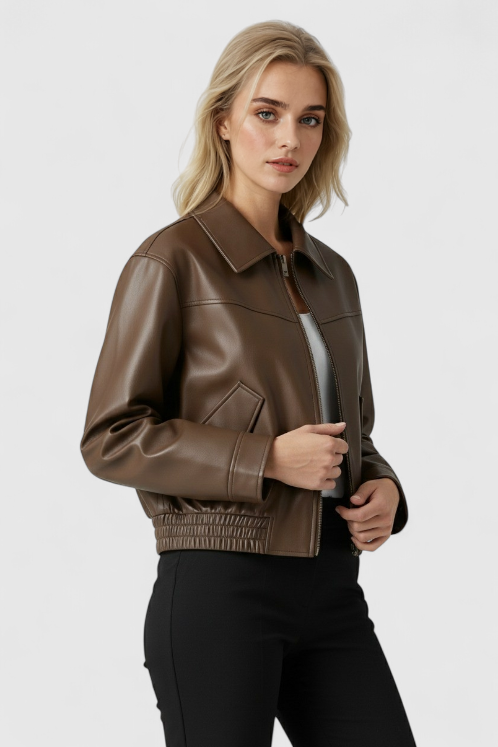 Cropped Faux Leather Jacket, Zip Front
