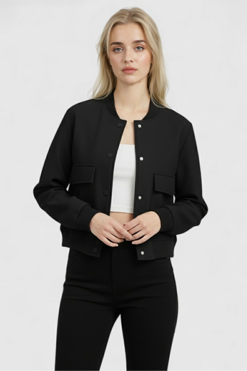 Bomber Jacket with Ribbed O-Neck