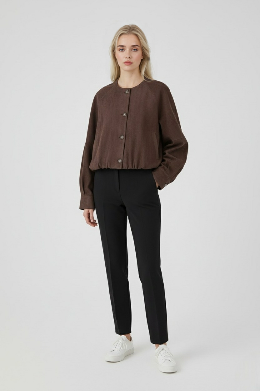 PU Jacket with Round Neck & Button Front