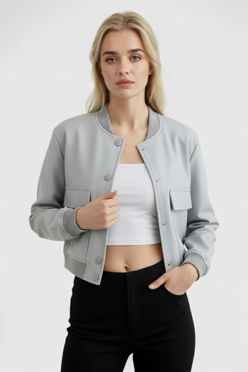 Bomber Jacket with Ribbed O-Neck