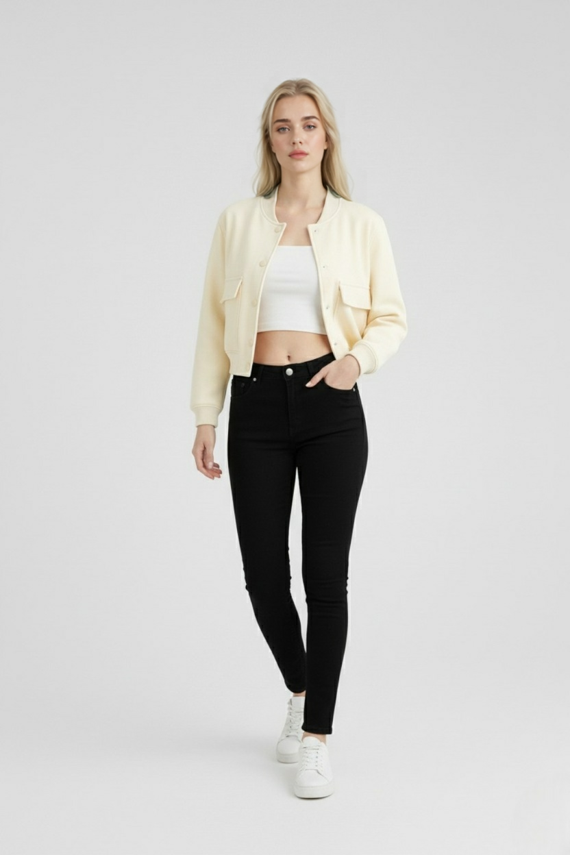 Bomber Jacket with Ribbed O-Neck