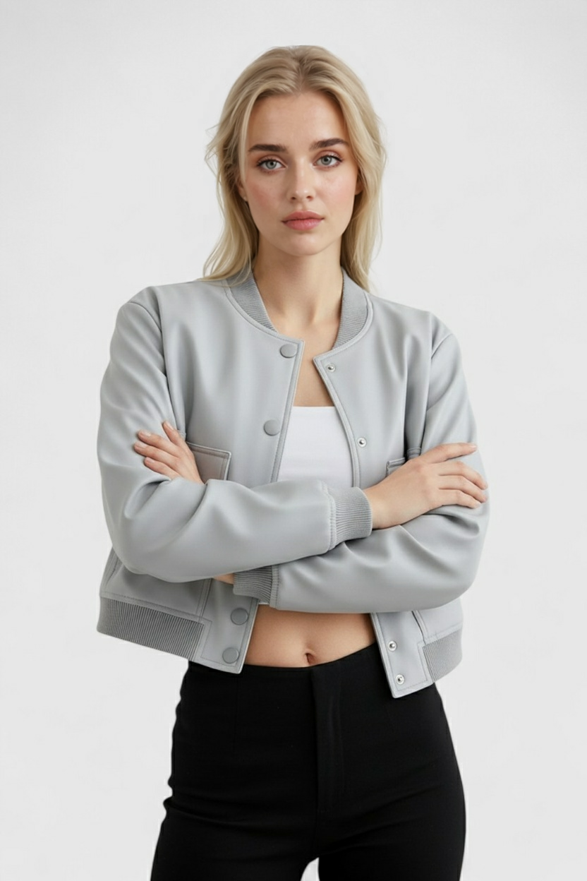 Bomber Jacket with Ribbed O-Neck