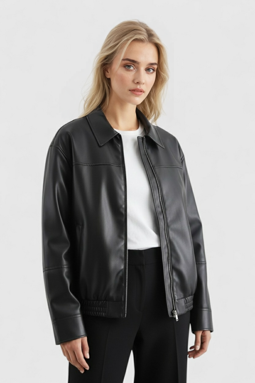 Pilot Jacket Faux Leather Zip Front