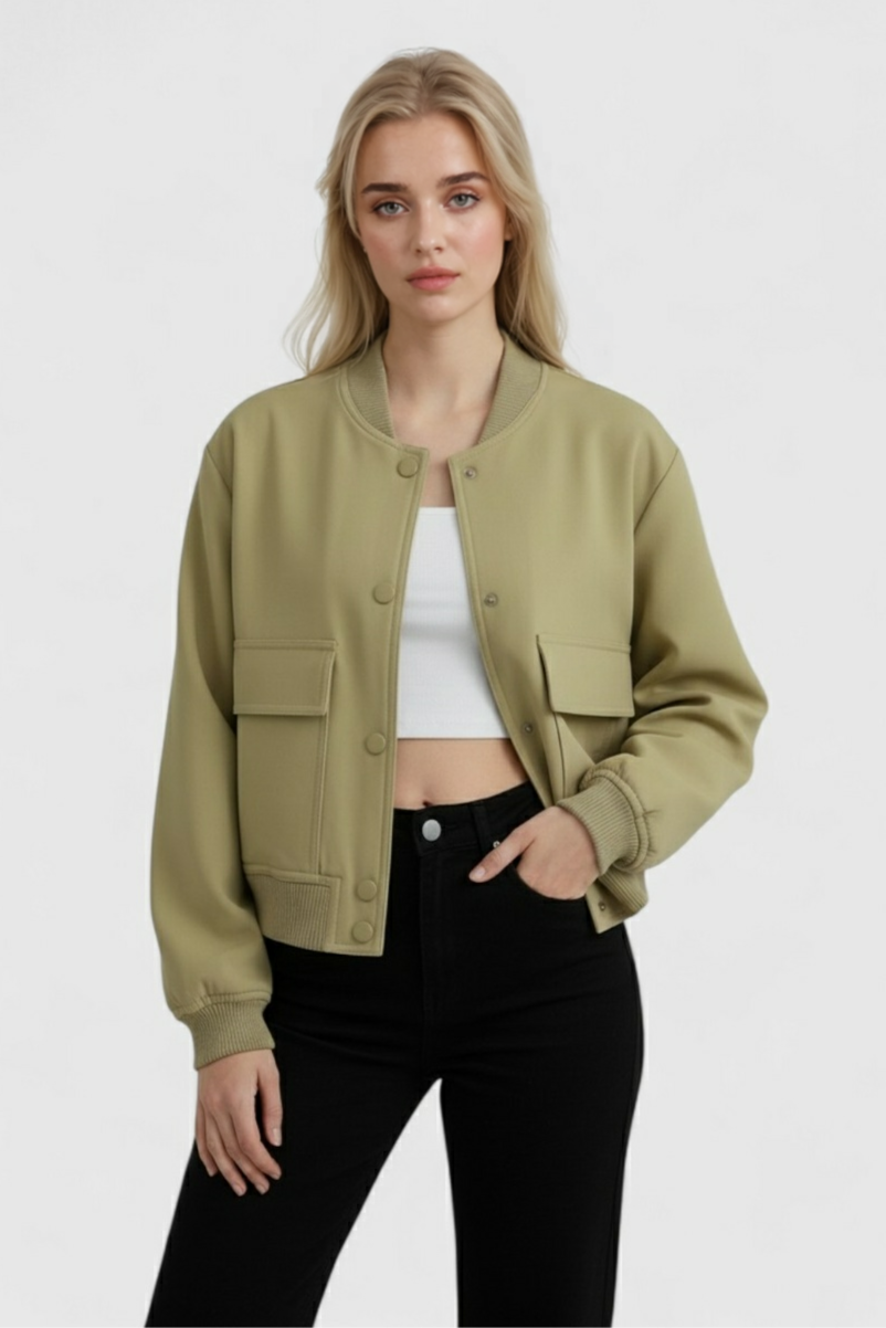 Cropped Bomber Jacket with Pockets