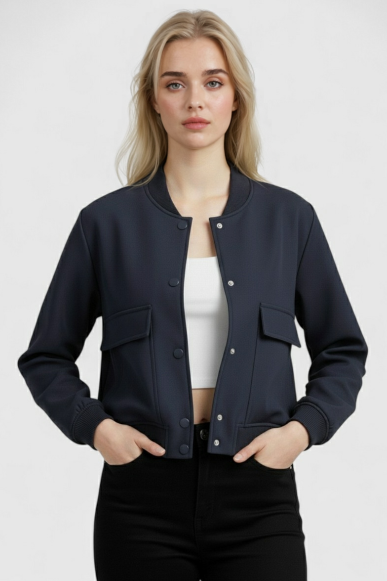 Bomber Jacket with Ribbed O-Neck
