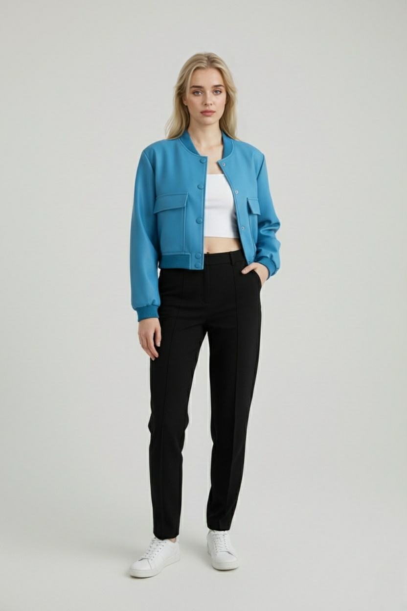 Bomber Jacket with Ribbed O-Neck